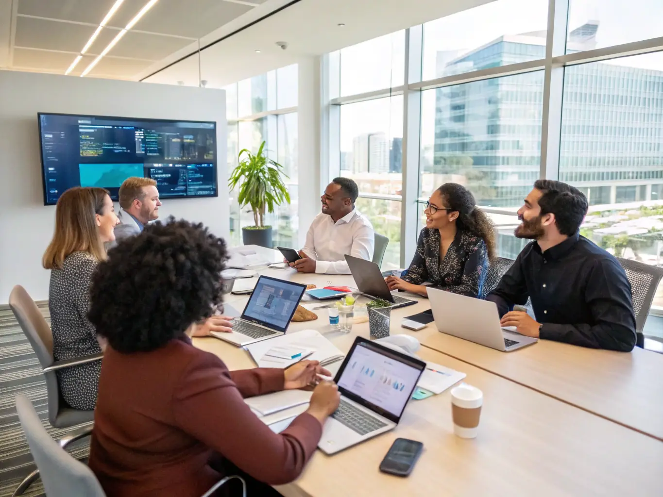 A group of executives participating in an interactive IT and AI training session, focusing on practical skills and real-world applications.
