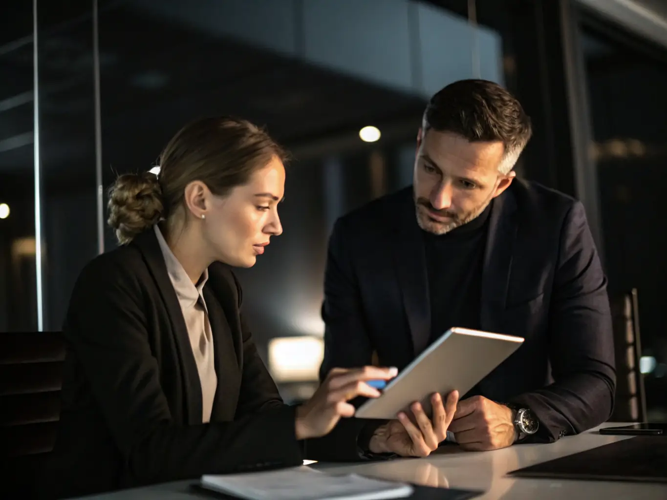 A professional showcasing a strategic AI implementation plan on a digital tablet, highlighting key performance indicators and projected business growth.
